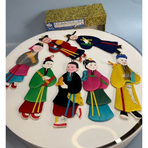 Set Of 8 Chinese Silk & Cardboard Immortal Ornaments Multicolor 5.5" With Box - Picture 4 of 8